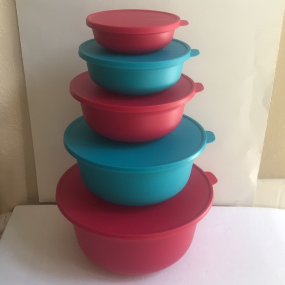 VINTAGE TUPPERWARE  ALOHA HOME™ 5 PC. BOWL SET  RED & BLUE - Picture 3 of 7